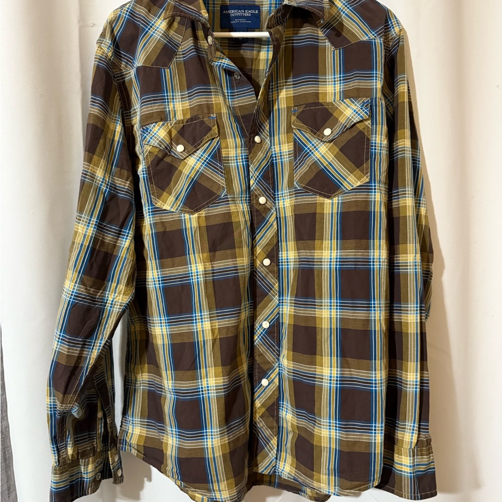 American Eagle Outfitters Brown and Yellow Plaid Shirt